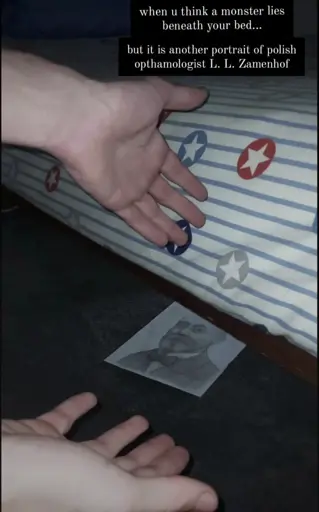 Dimly-lit photo of the side of a bed. On the floor is a partially-obscured greyscale portrait drawing of polish opthamologist L. L. Zamenhof. Two hands are gesturing towards the portrait, as if to convey shock or confusion.

Caption reads "when u think a monster lies beneath your bed... but it is another portrait of polish opthamologist L. L. Zamenhof"