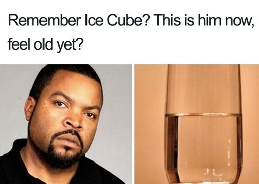 The image is a humorous meme divided into two sections. On the left is a portrait of a man with a serious expression and neatly trimmed facial hair, resembling the well-known hip-hop artist and actor Ice Cube. On the right is a close-up of a transparent drinking glass filled with water, sitting on a surface. Above these images, there's a caption that reads: "Remember Ice Cube? This is him now, feel old yet?" The joke plays on the words "Ice Cube" by comparing the person to an actual glass of water, suggesting the ice has melted, thus making the viewer feel "old."