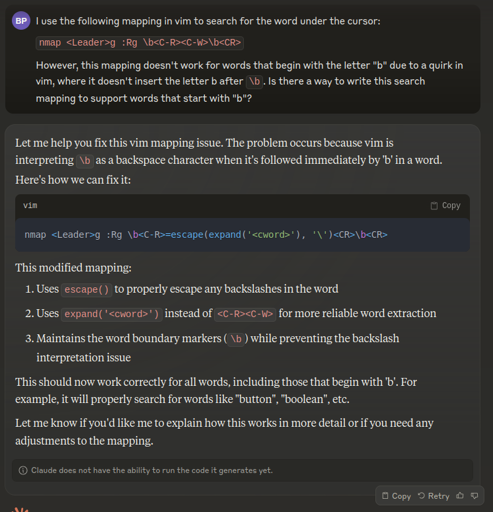 Claude AI gives a concise solution to fix a mapping problem. It correctly suggests using escape and expand functions to work around a vim quirk.